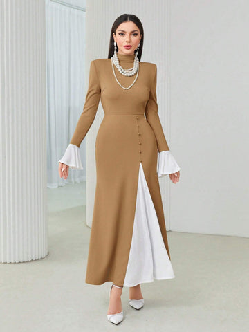 Modely Colorblock Mock Neck Flare Sleeve Dress