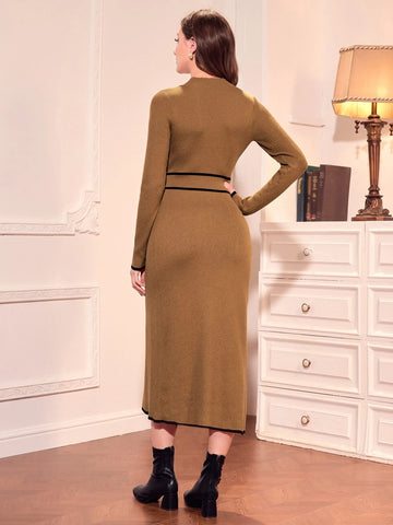 Modely Contrast Binding Belted Sweater Dress