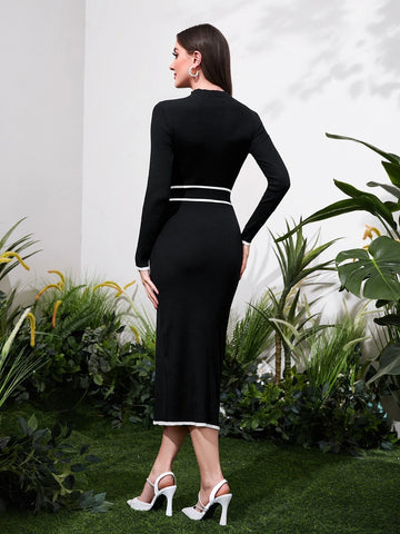 Modely Contrast Binding Belted Sweater Dress