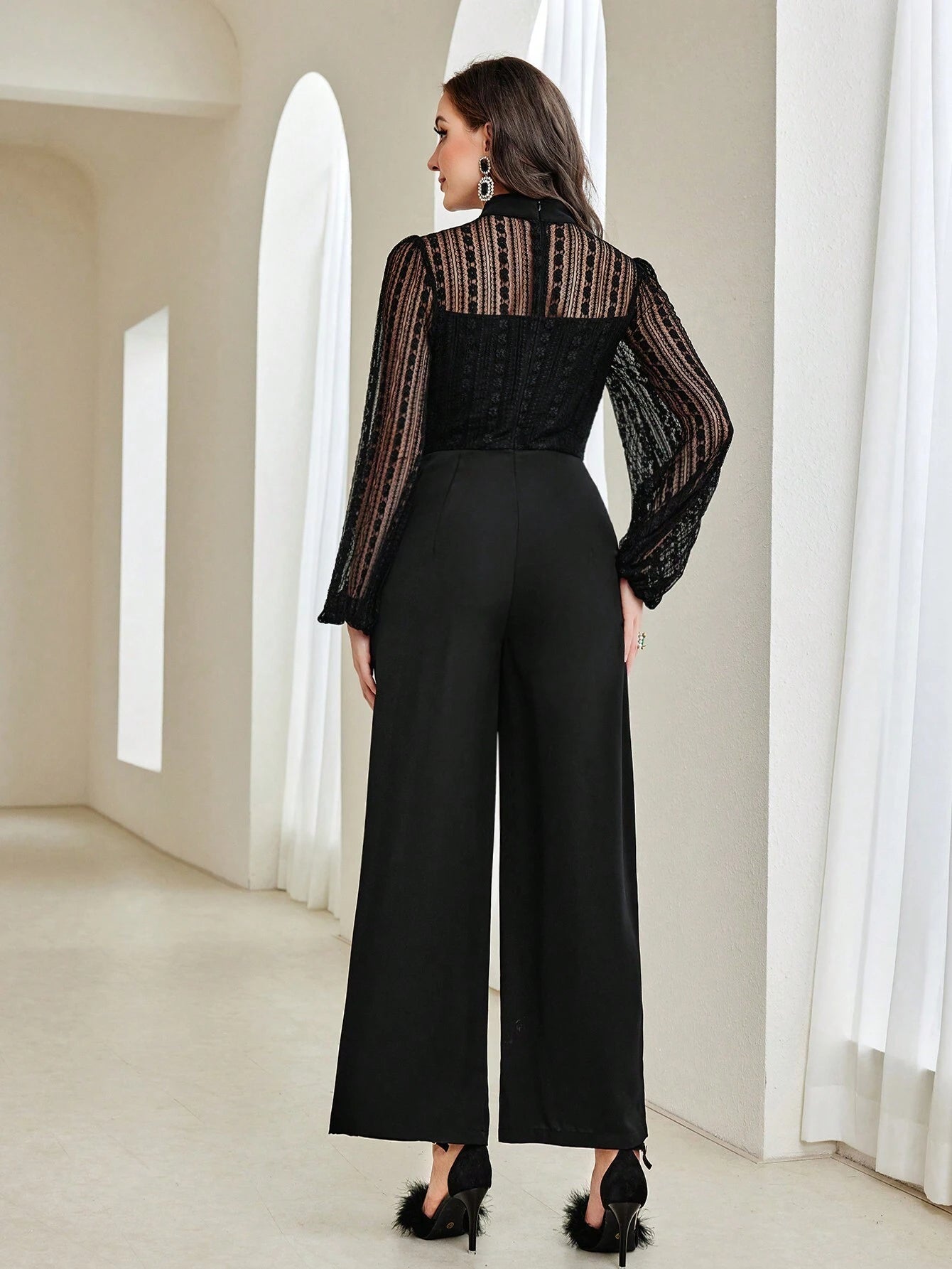 Modely Contrast Mesh Mock Neck Lantern Sleeve Wide Leg Jumpsuit