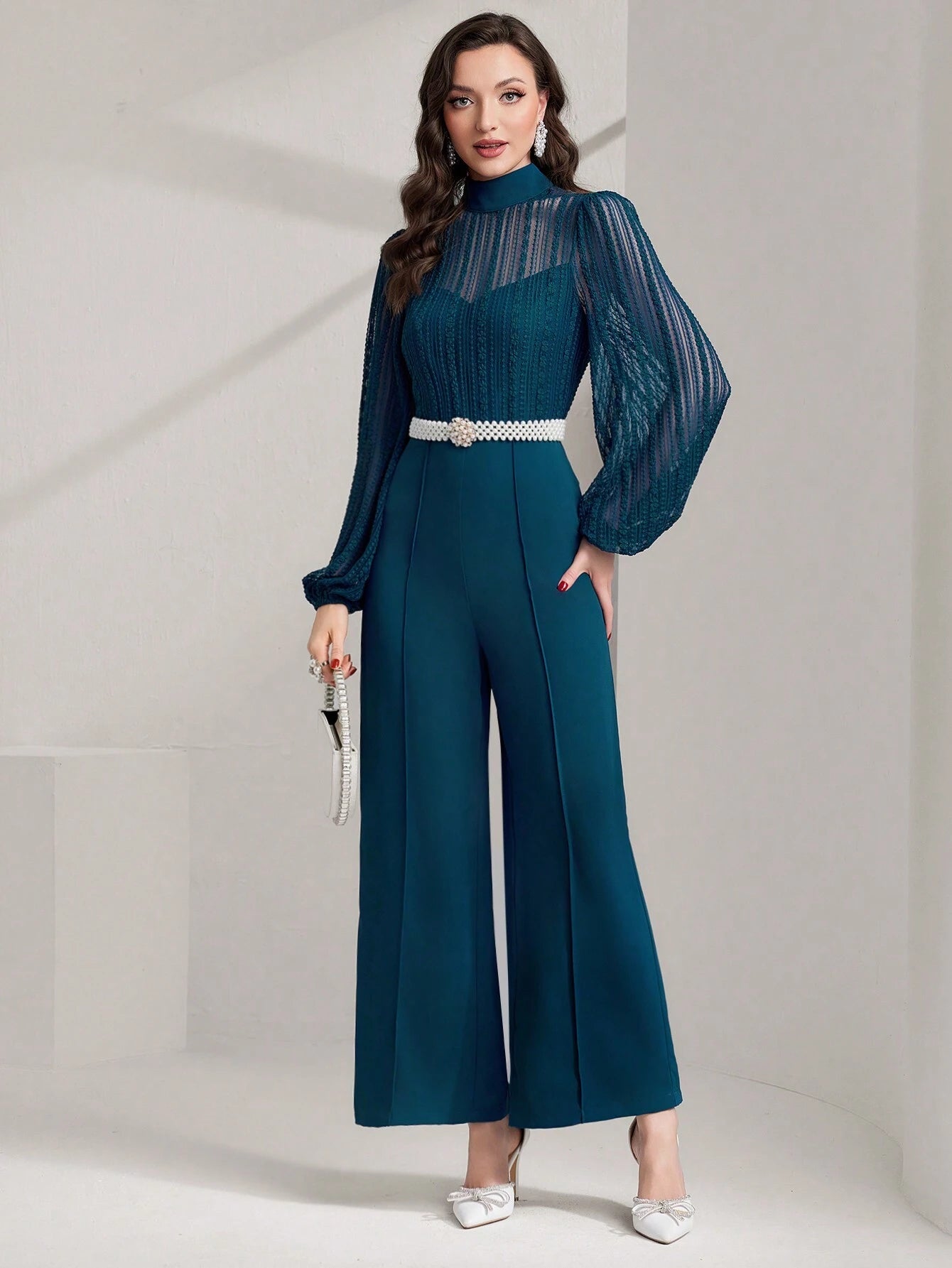 Modely Contrast Mesh Mock Neck Lantern Sleeve Wide Leg Jumpsuit