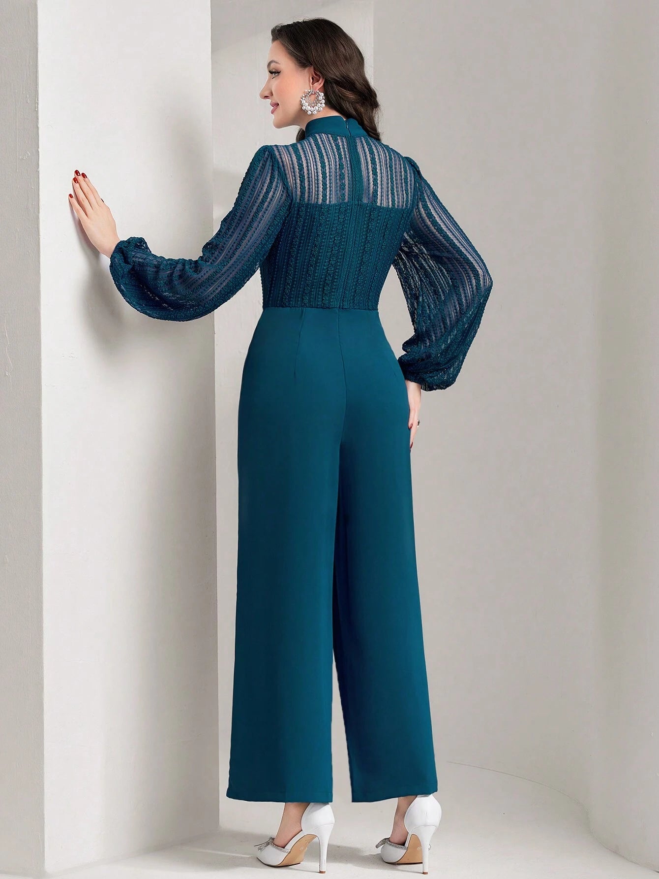 Modely Contrast Mesh Mock Neck Lantern Sleeve Wide Leg Jumpsuit