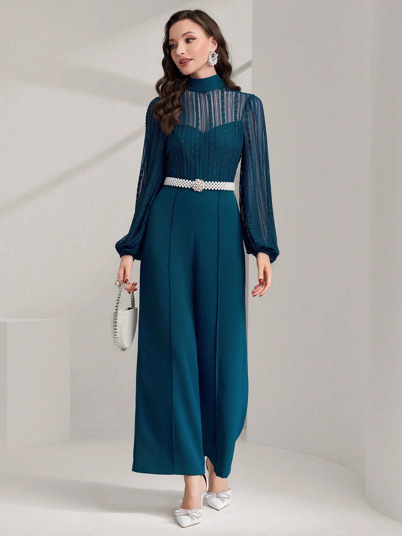 Modely Contrast Mesh Mock Neck Lantern Sleeve Wide Leg Jumpsuit