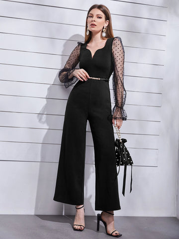 Modely Dobby Mesh Flounce Sleeve Wide Leg Jumpsuit Without Belt