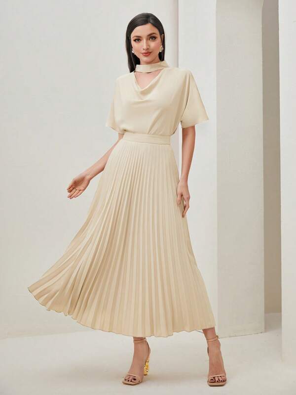 Modely Draped Front Batwing Sleeve Top & Pleated Skirt