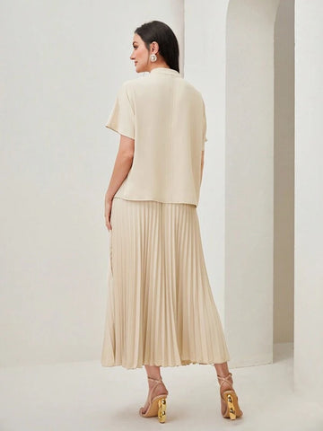 Modely Draped Front Batwing Sleeve Top & Pleated Skirt