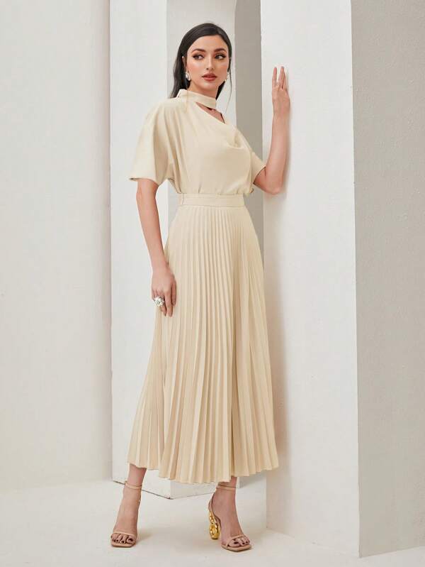 Modely Draped Front Batwing Sleeve Top & Pleated Skirt