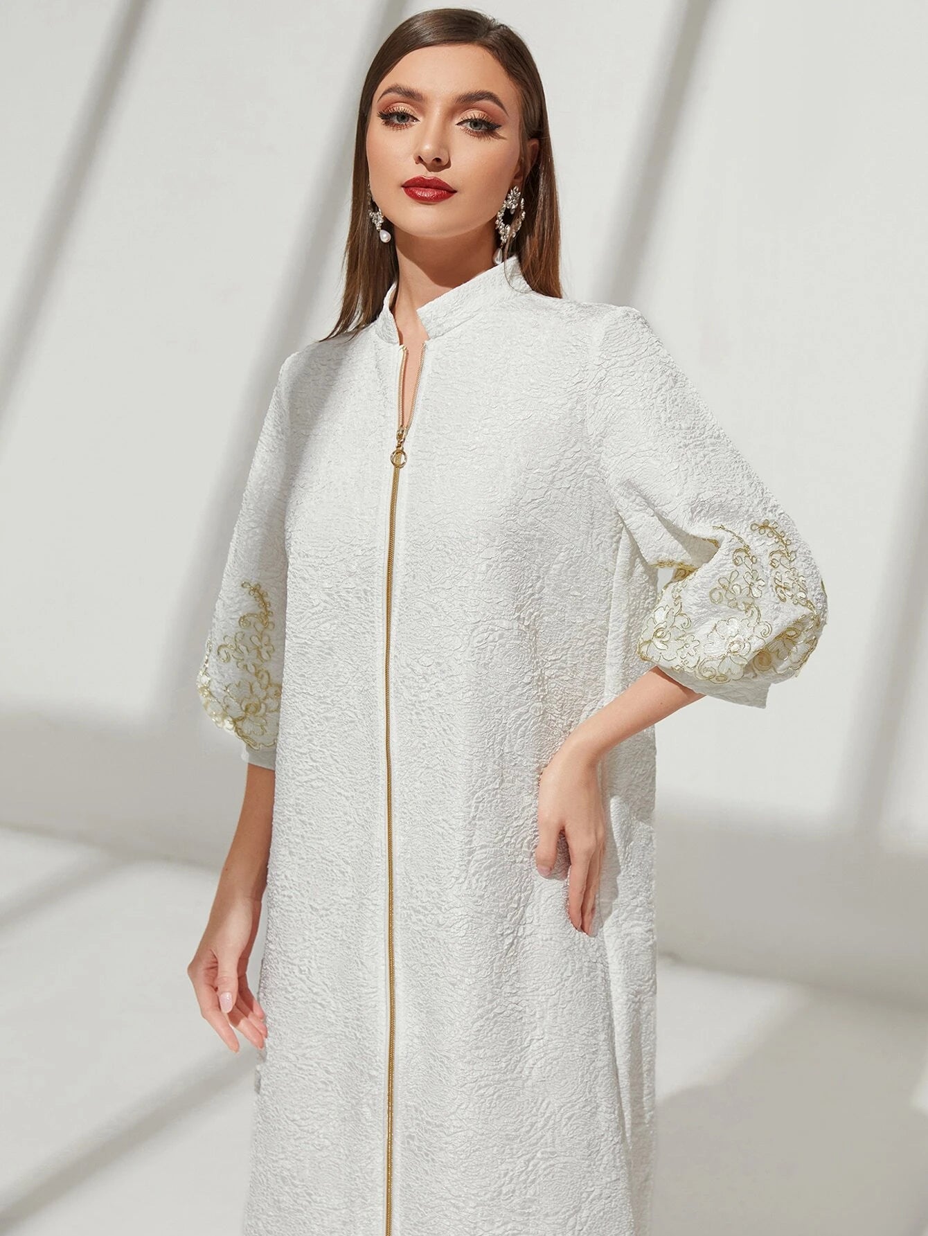 Modely Embroidery O-ring Zipper Split Bishop Sleeve Dress