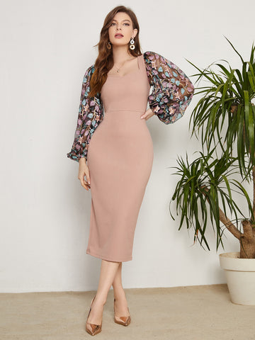 Modely Floral Embroidered Mesh Lantern Sleeve Bodycon Dress