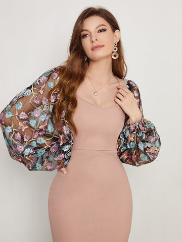 Modely Floral Embroidered Mesh Lantern Sleeve Bodycon Dress