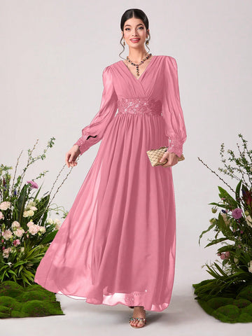 Modely Floral Embroidery Sequin Decor Lantern Sleeve Chiffon Formal Bridesmaid Dress