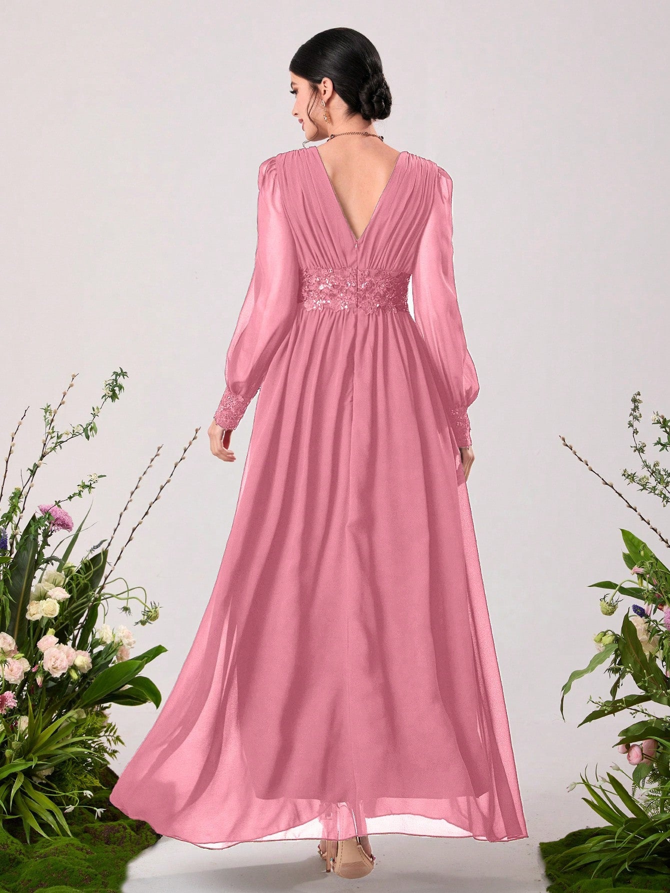 Modely Floral Embroidery Sequin Decor Lantern Sleeve Chiffon Formal Bridesmaid Dress