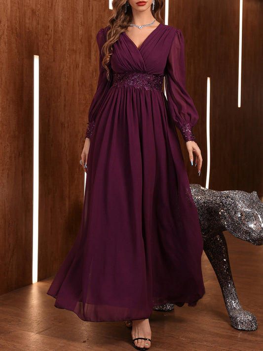 Modely Floral Embroidery Sequin Decor Lantern Sleeve Chiffon Formal Bridesmaid Dress