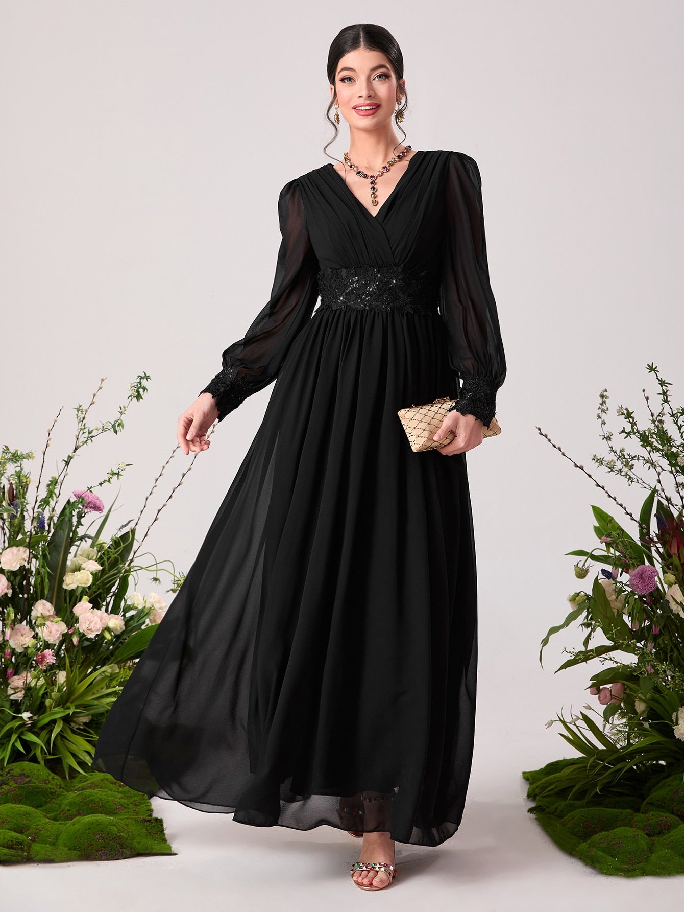 Modely Floral Embroidery Sequin Decor Lantern Sleeve Chiffon Formal Bridesmaid Dress