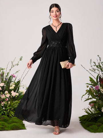 Modely Floral Embroidery Sequin Decor Lantern Sleeve Chiffon Formal Bridesmaid Dress