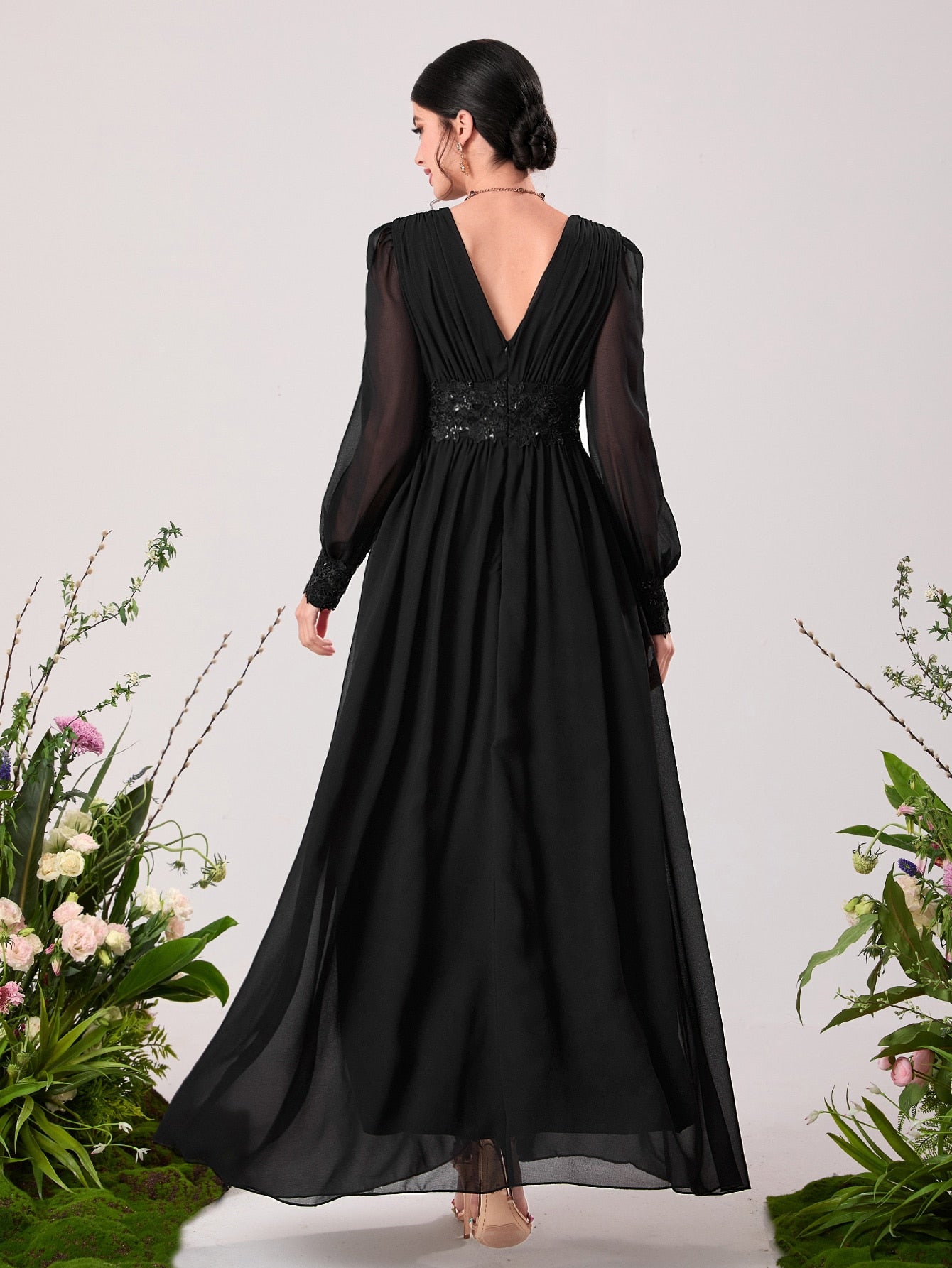 Modely Floral Embroidery Sequin Decor Lantern Sleeve Chiffon Formal Bridesmaid Dress