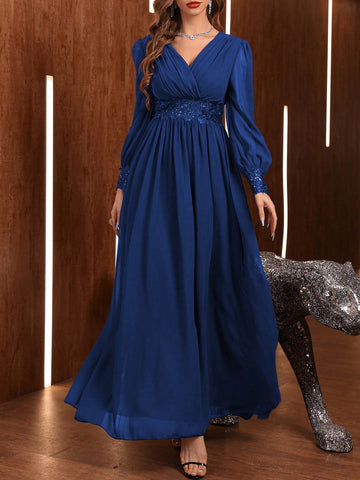 Modely Floral Embroidery Sequin Decor Lantern Sleeve Chiffon Formal Bridesmaid Dress