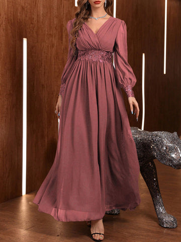 Modely Floral Embroidery Sequin Decor Lantern Sleeve Chiffon Formal Bridesmaid Dress