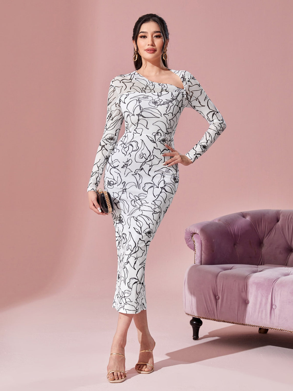 Modely Floral Print Asymmetrical Neck Bodycon Dress