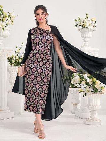 Modely Floral Print Asymmetrical Neck Dress