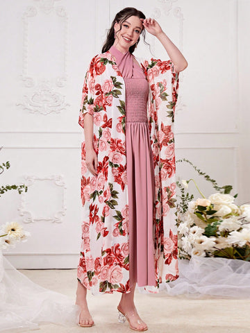 Modely Floral Print Batwing Sleeve Coat & Dress