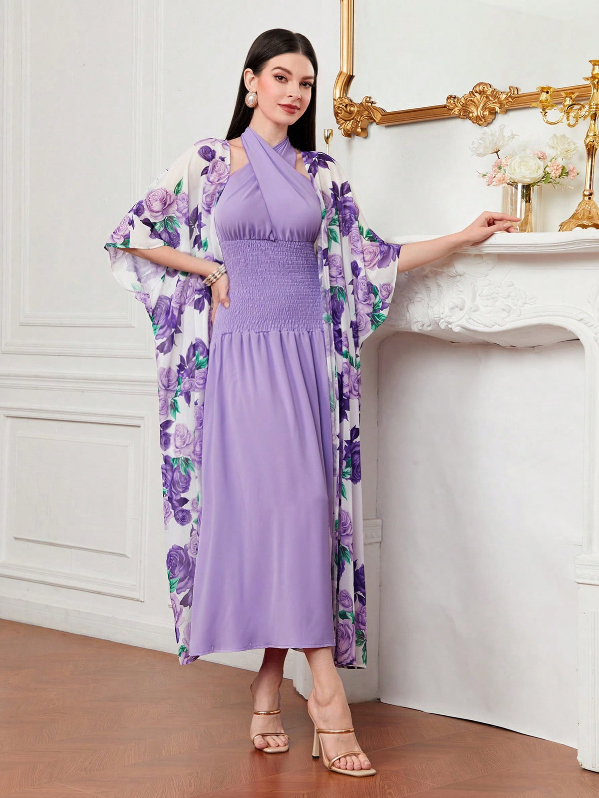 Modely Floral Print Batwing Sleeve Coat & Dress