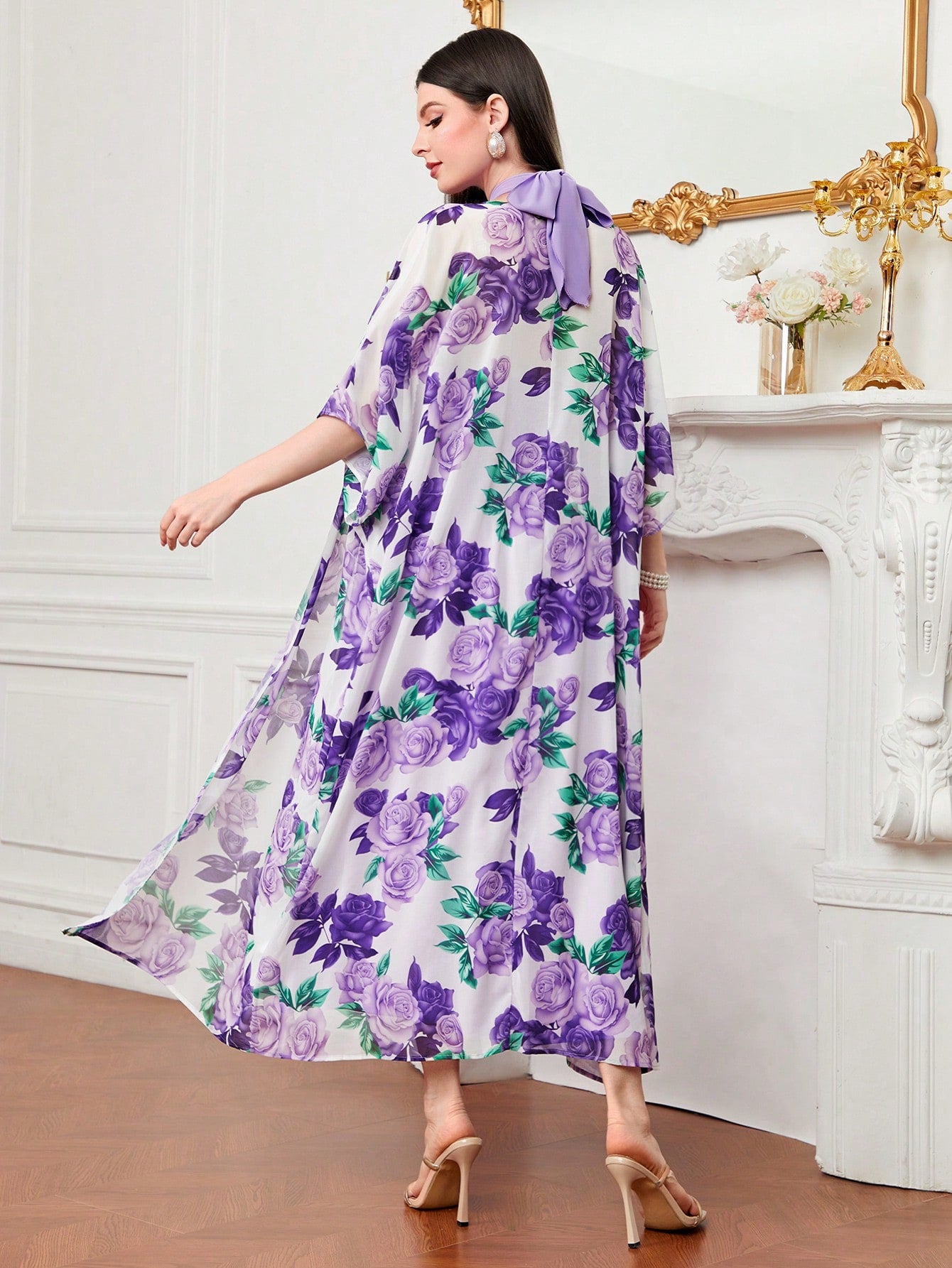 Modely Floral Print Batwing Sleeve Coat & Dress