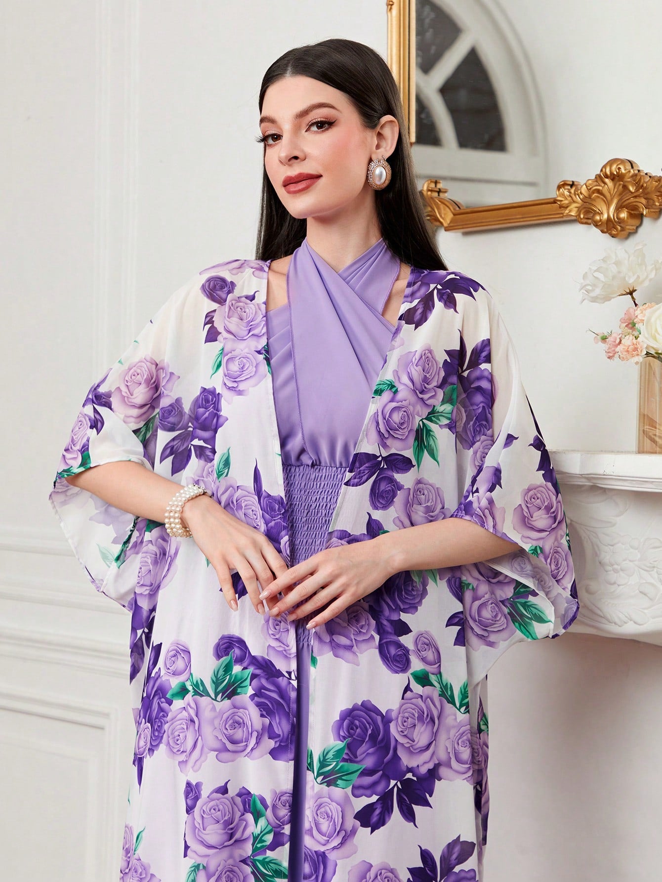 Modely Floral Print Batwing Sleeve Coat & Dress