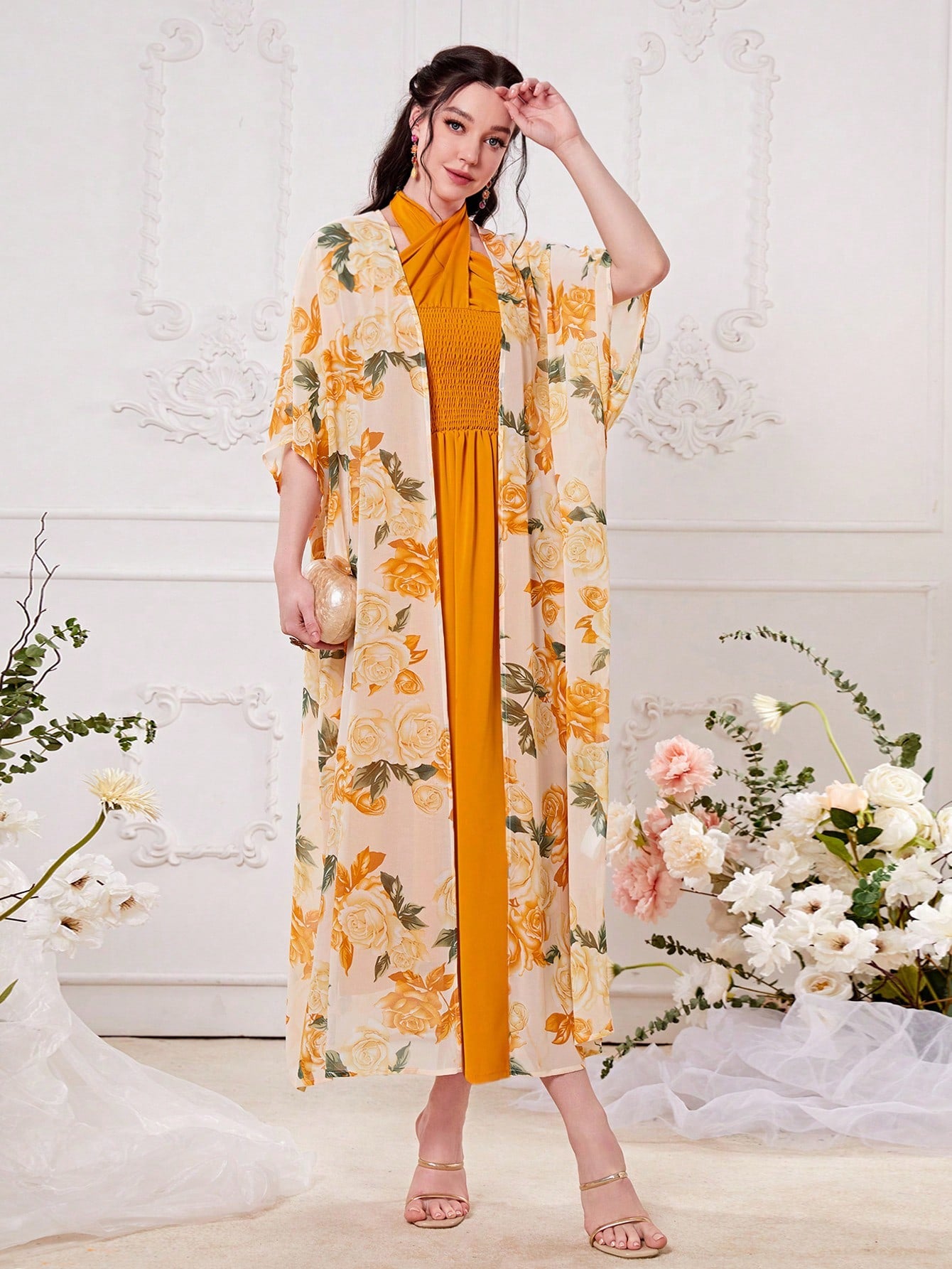 Modely Floral Print Batwing Sleeve Coat & Dress