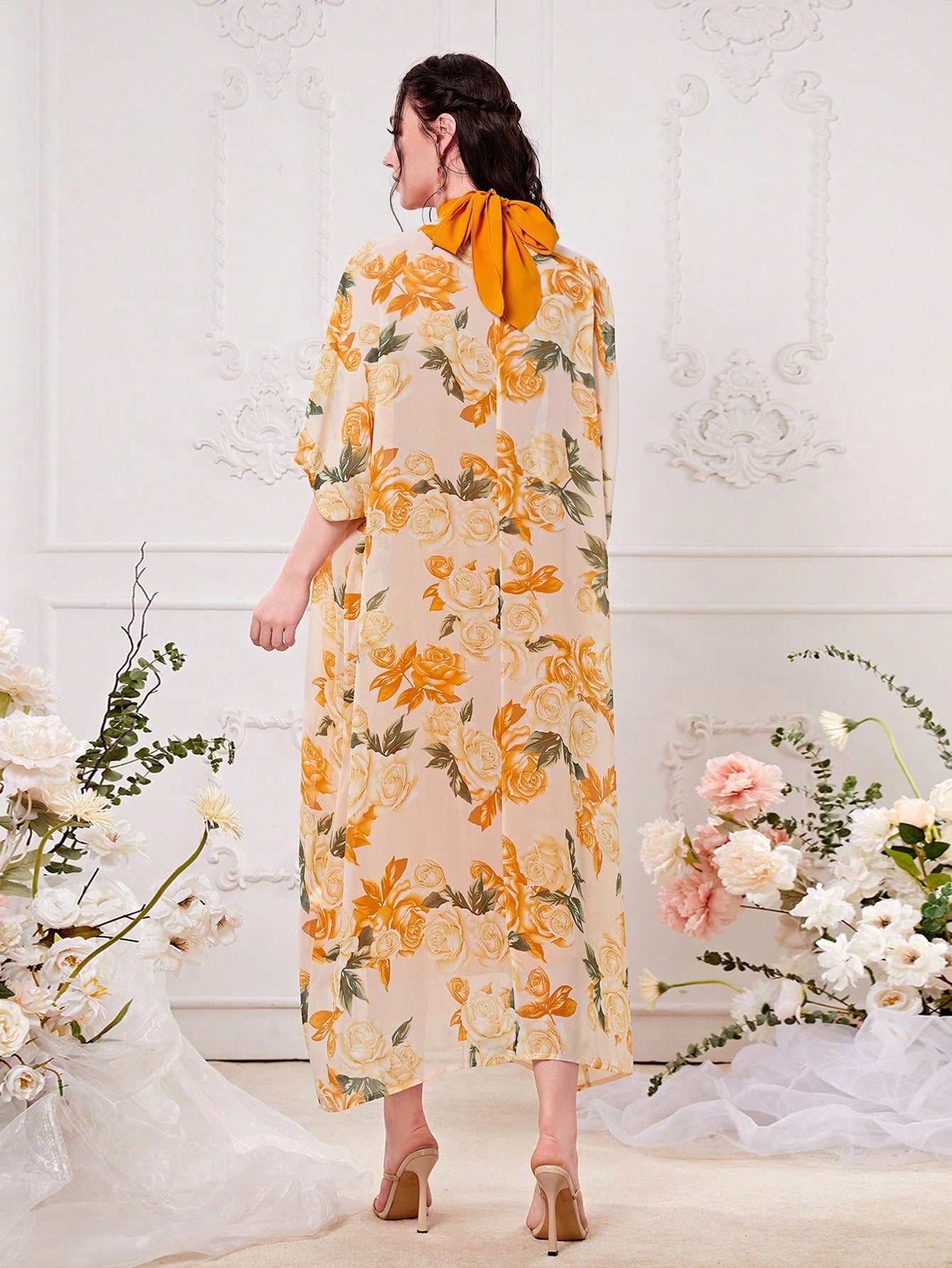 Modely Floral Print Batwing Sleeve Coat & Dress