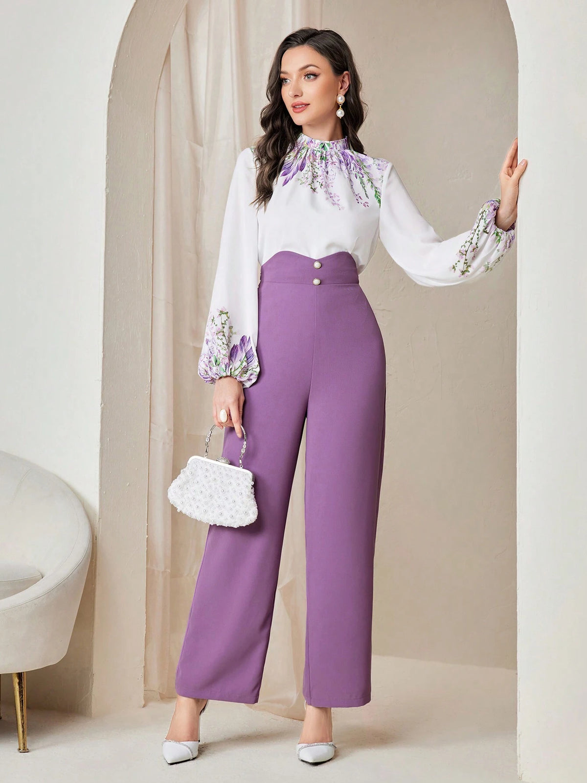 Modely Floral Print Lantern Sleeve Blouse & Wide Leg Pants