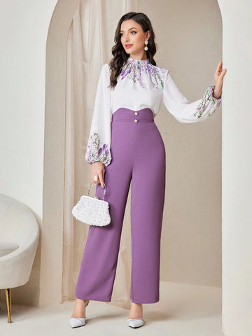 Modely Floral Print Lantern Sleeve Blouse & Wide Leg Pants