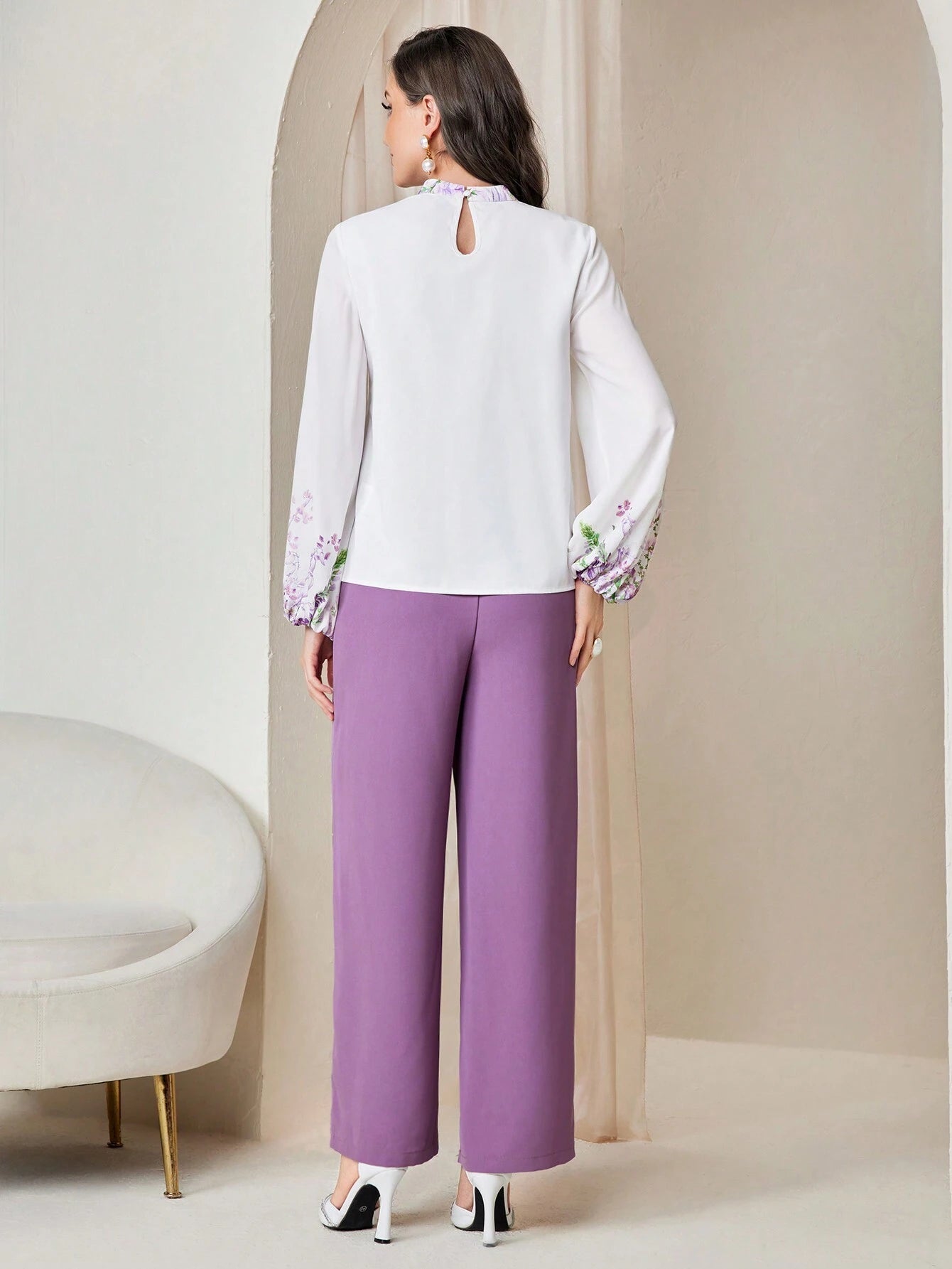 Modely Floral Print Lantern Sleeve Blouse & Wide Leg Pants