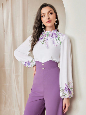 Modely Floral Print Lantern Sleeve Blouse & Wide Leg Pants