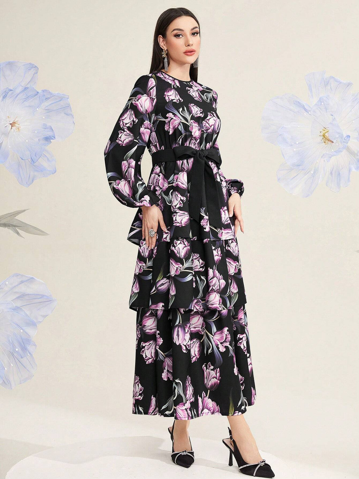 Modely Floral Print Lantern Sleeve Multi-Layer Ruffle Hem Dress