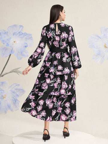 Modely Floral Print Lantern Sleeve Multi-Layer Ruffle Hem Dress