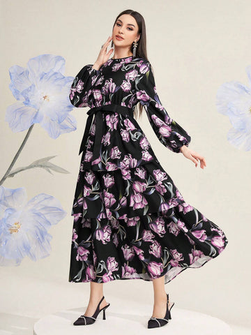 Modely Floral Print Lantern Sleeve Multi-Layer Ruffle Hem Dress