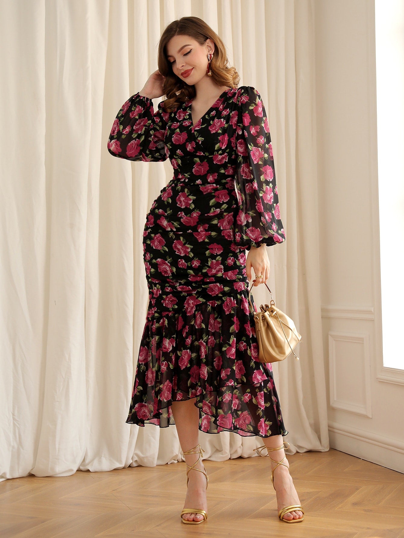 Modely Floral Print Lantern Sleeve Ruched Mermaid Hem Dress