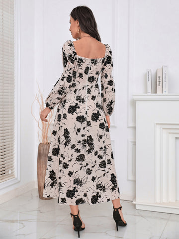 Modely Floral Print Lantern Sleeve Square Neck Dress