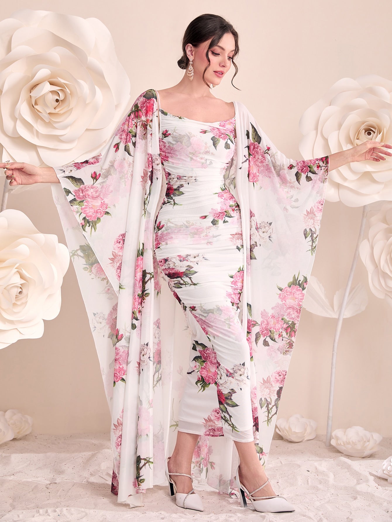 Modely Floral Print Ruched Bodycon Dress & Open Front Coat