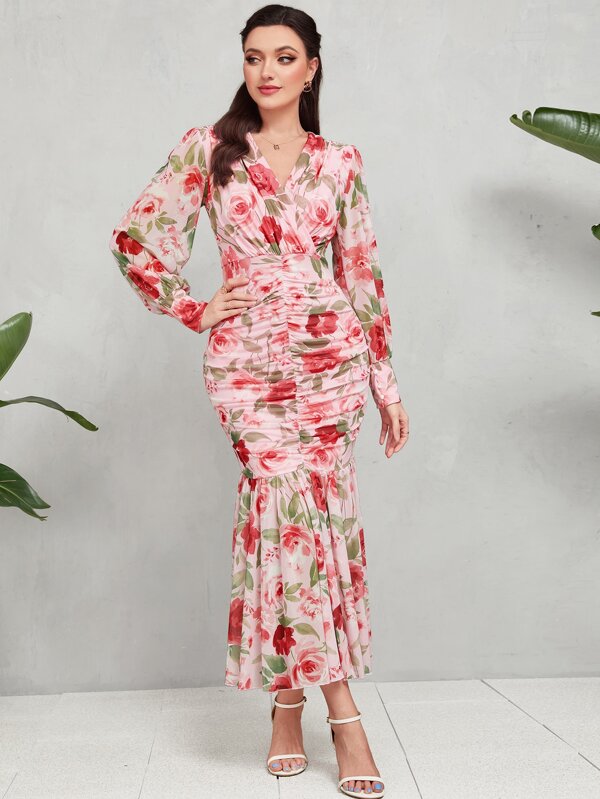 Modely Floral Print Ruche Mermaid Hem Dress