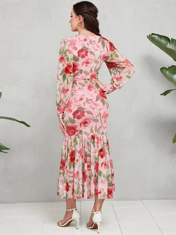 Modely Floral Print Ruche Mermaid Hem Dress