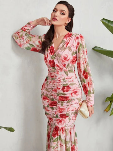 Modely Floral Print Ruche Mermaid Hem Dress