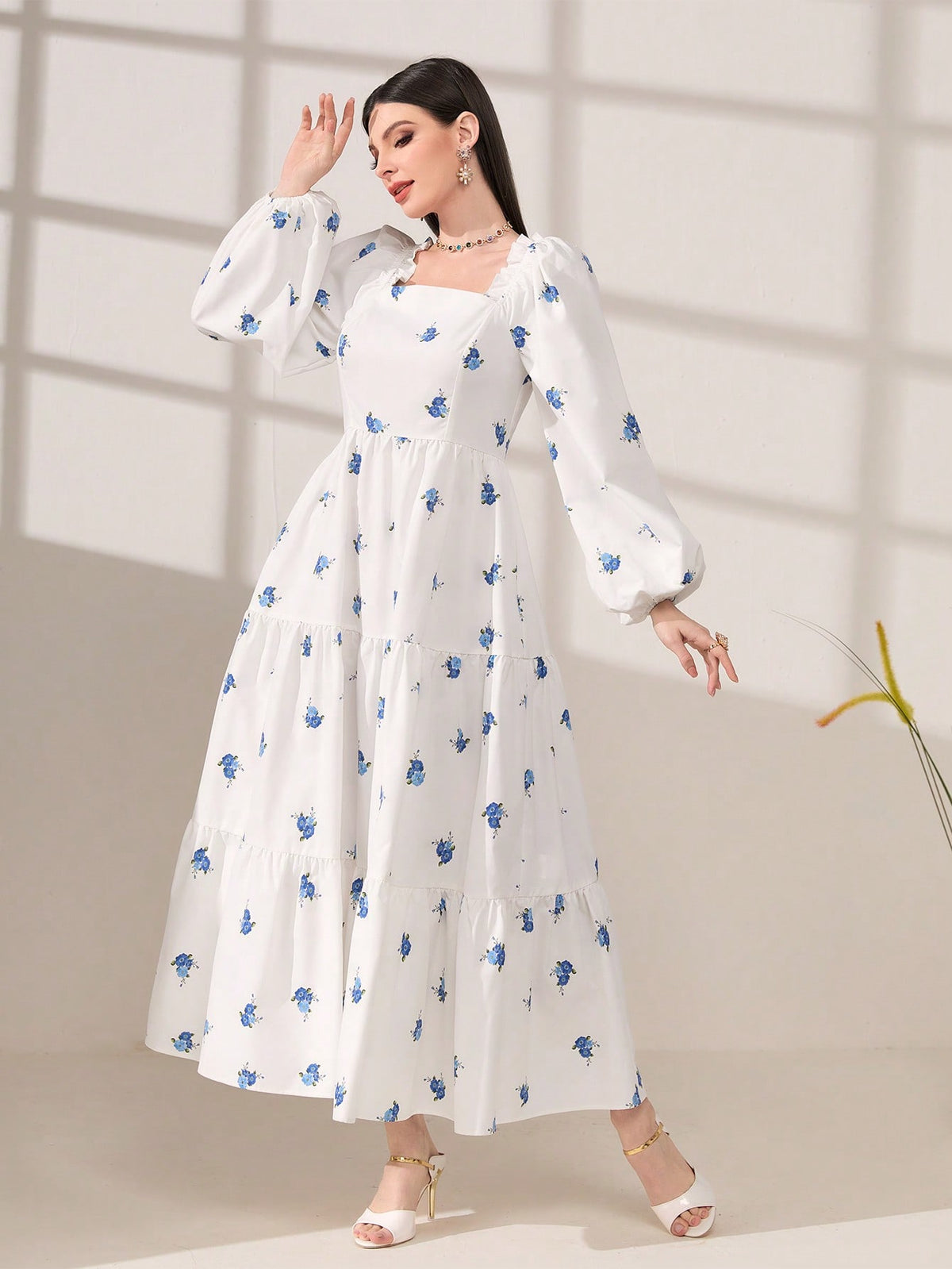 Modely Floral Print Square Neck Lantern Sleeve Ruffle Hem Dress