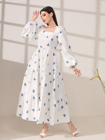 Modely Floral Print Square Neck Lantern Sleeve Ruffle Hem Dress