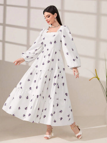 Modely Floral Print Square Neck Lantern Sleeve Ruffle Hem Dress
