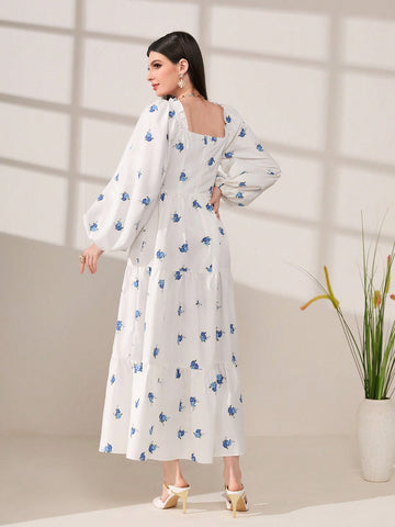 Modely Floral Print Square Neck Lantern Sleeve Ruffle Hem Dress