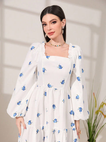 Modely Floral Print Square Neck Lantern Sleeve Ruffle Hem Dress