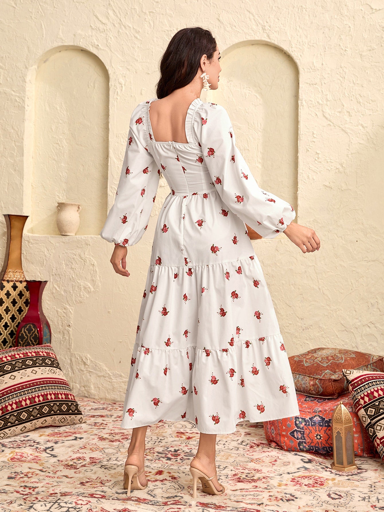 Modely Floral Print Square Neck Lantern Sleeve Ruffle Hem Dress