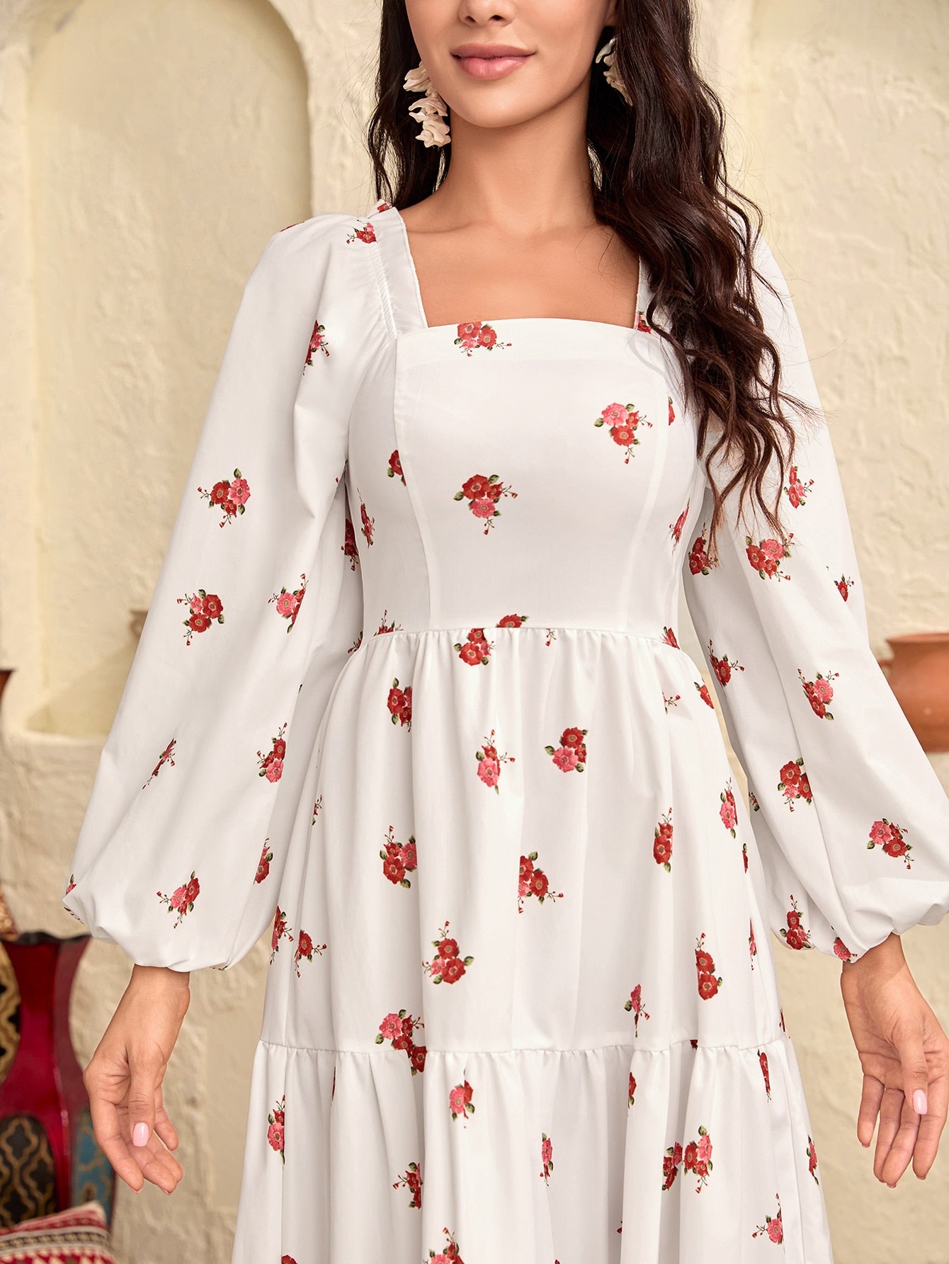 Modely Floral Print Square Neck Lantern Sleeve Ruffle Hem Dress